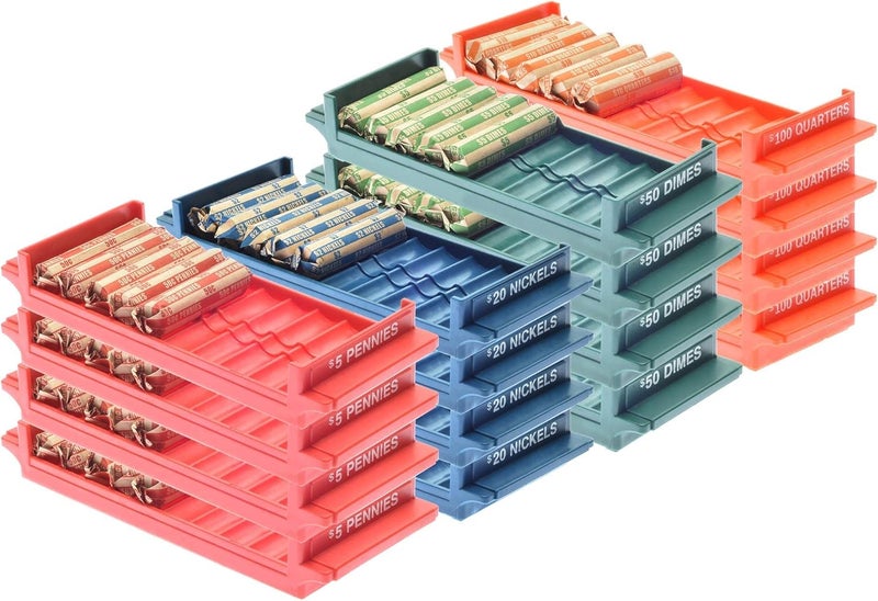 Nadex 4-Pack Rolled Coin Storage Organizer Tray Set with Ridges for Loose Coins | Quarters, Dimes, Nickles, and Penny Color Coded Trays - Image 1